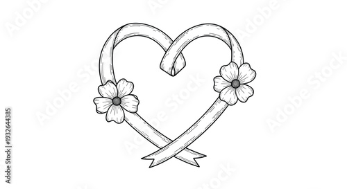 Romantic heart shape formed by a flowing ribbon with two delicate flowers attached on either side in a vintage sketch style.
