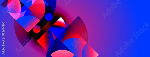 Abstract geometric shapes blend vibrant pinks, blues, purples. Dynamic composition creates modern visual impact. Smooth gradients enhance depth.