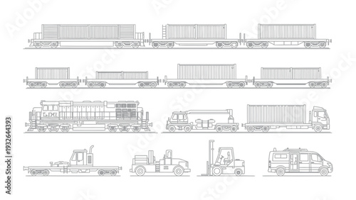 Logistics Lineup: A comprehensive illustration of various transportation elements, each meticulously outlined to showcase the machinery and methods central to the modern shipping industry.