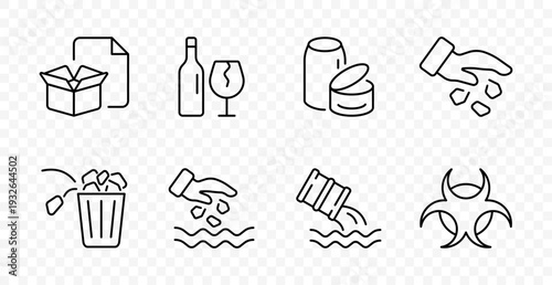Waste pollution set icon. Cardboard package, glass bottle, metal can, trash disposal, littering, water contamination, toxic sign, recycling problem, environment damage, ecology