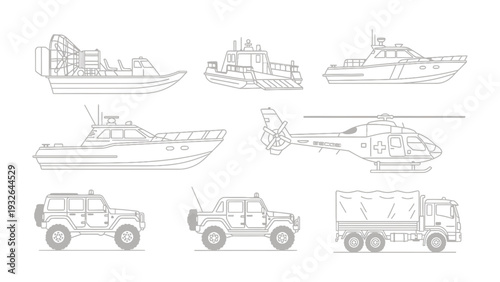 Military Transport and Vessels: A comprehensive illustration showcasing various modes of military transport, including vessels and vehicles, suitable for a range of defense and operational needs.