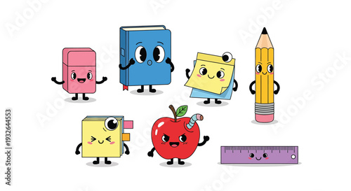 Set of 7 cartoon school stationery icons vector