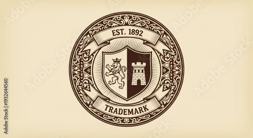 Vintage emblem featuring shield, castle, lion, banner, and trademark design elements.