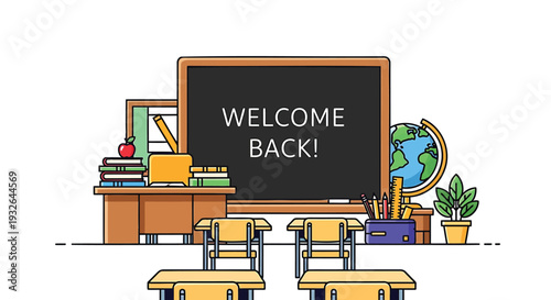 Vector illustration of classroom with welcome back blackboard