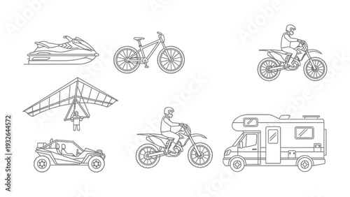 Line Art of Recreation Vehicles and Transportation: Showcasing a variety of recreational vehicles and modes of transport, this illustration offers a glimpse into diverse travel and leisure options. 