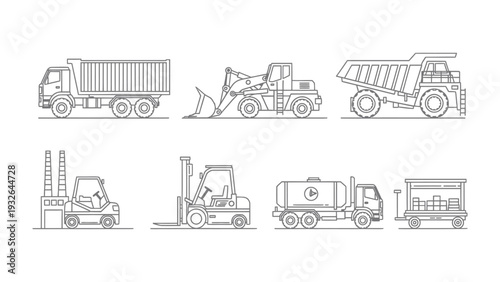 Industrial Machinery Set: A meticulous line art showcases a fleet of robust machinery, highlighting the precision and strength. each vehicle is meticulously crafted.