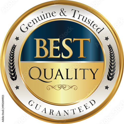 A gold and blue best quality guarantee badge