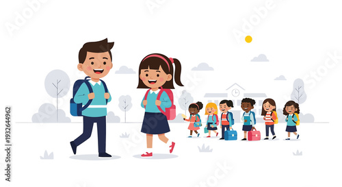 Set of 8 children walking vector illustrations