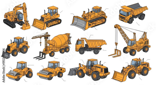 Heavy Construction and Utility Vehicles Technical Vector Set – Mixed Orthogonal Engineering Views