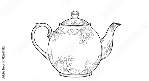 Elegant line art drawing of a classic teapot decorated with intricate floral patterns and scrolling vine designs on white.