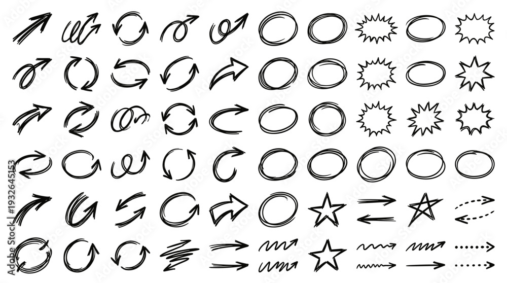 Fototapeta premium Set of 60 hand drawn doodle circle and arrow elements vector