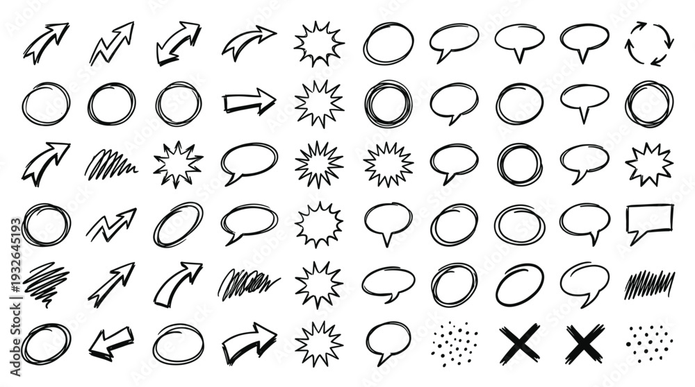 Fototapeta premium Set of outline arrows and speech bubble icons vector