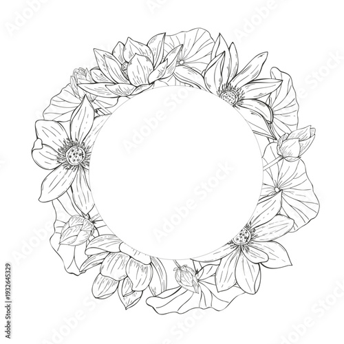 Lotus flowers vector isolated circular frame in monochrome black white style. Blooming Water Lily wreath with copy space for text. Floral illustration for yoga decor, spiritual event invitations