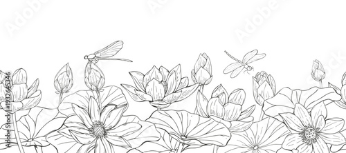Blooming lotus flowers, aquatic leaves, and dragonflies in flight etching monochrome seamless banner. Blooming waterlily and flying insects vector isolated illustration for fabric, wallpaper border