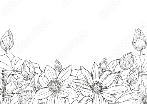 Blooming lotus flowers vector isolated rectangle frame in black ink linear style. Water lilies, leaves, buds border with copy space for text. For invitation, meditation greeting card, wellness website