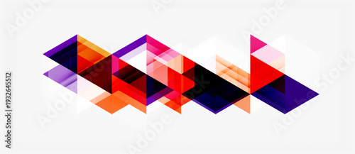 Abstract geometric shapes overlap, creating vibrant color patterns. Design features triangles, squares, transparency, modern aesthetic.