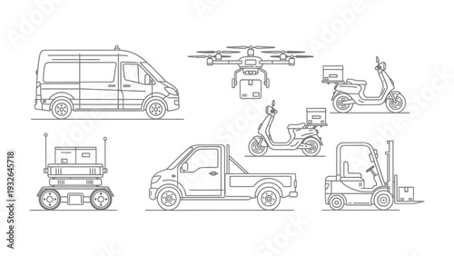Innovative Delivery Concepts: An array of transportation modes, including vans, drones, scooters, and robotic systems, showcase the future of package delivery. A minimalist design.