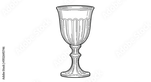 Detailed line art drawing of a classic glass goblet with a fluted bowl and decorative stem stands against a white background.
