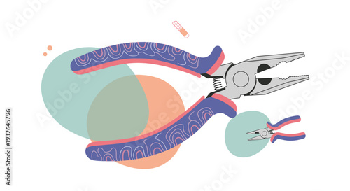 Creative illustration of needle-nose pliers features a purple patterned handle set against soft peach and teal circular shapes.