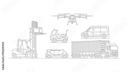 Transportation Illustration: A collection of various modes of transportation, from trucks and vans to drones and forklifts, meticulously illustrated to represent the dynamic world of logistics. 