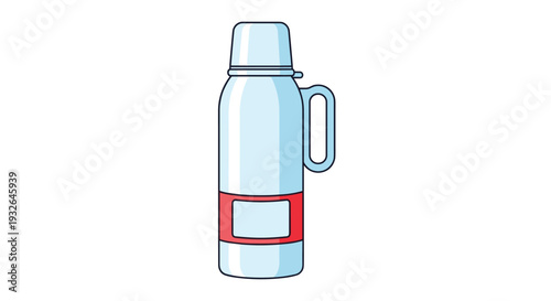 Classic blue thermos bottle with a handle and a red label area is shown in a clean and simple vector illustration style.