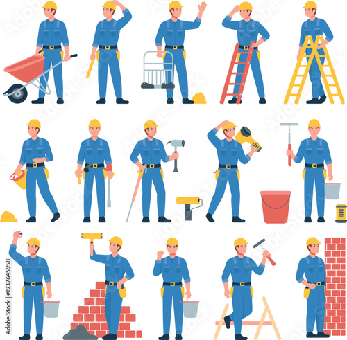Construction Worker Character Set with Tools Ladders Bricks and Equipment in Blue Uniform Safety Helmet Vector Illustration