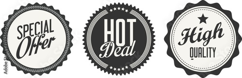 Three black and white special offer stickers on a white background
