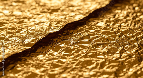 Detailed view of a fractured golden rock surface with intricate textures and a deep crevice