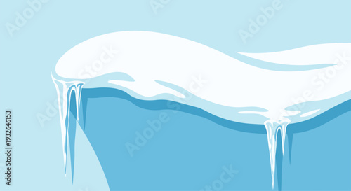 Illustration of thick snow accumulation on a roof with sharp icicles hanging down against a blue sky background.