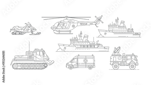 Diverse Military and Emergency Vehicles: A collection of meticulously outlined military and emergency vehicles. Including a snowmobile, helicopter, ship, ambulance and tank