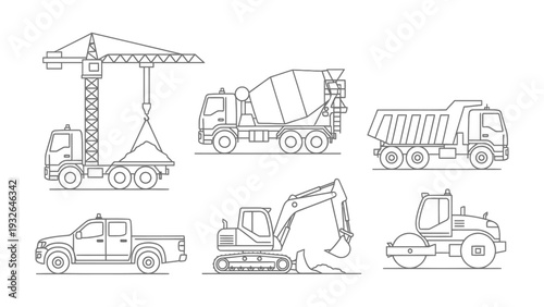 Construction Vehicles Collection: A set of detailed line drawings showcasing various construction vehicles, ready for action.
