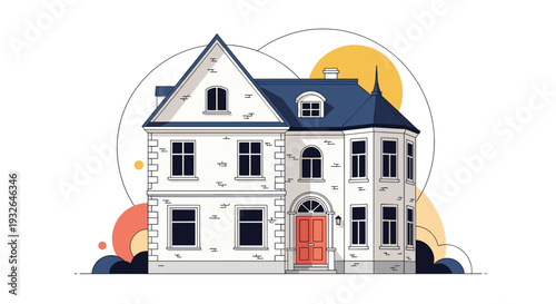 Stylized illustration of a large white three story house with a dark blue roof and colorful circular shapes.