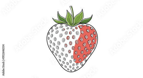 Artistic sketch of a whole strawberry with green leaves partially colored in vibrant red on a white background.