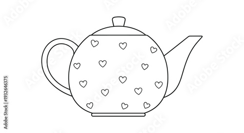 Line art illustration of a round teapot decorated with small heart patterns for romantic tea time concepts.