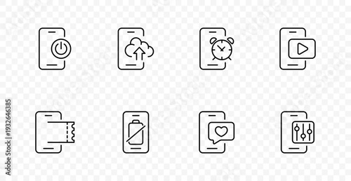 Smartphone function set icon. Power button, cloud upload, alarm clock, video play, ticket access, mute mode, favorite chat, sound control