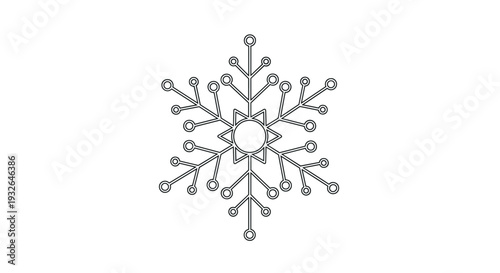 Minimalist line art snowflake design with circular tips and a star shaped center for winter holiday graphics.