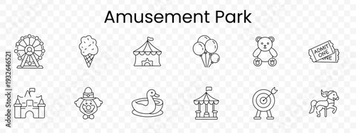 Amusement park set icon. Outline attractions, ferris wheel, ice cream, circus tent, balloons, teddy bear, ticket, castle, clown, duck ride, carousel tent, target board, pony ride.