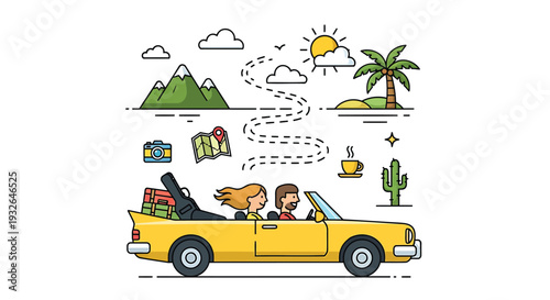 Vector illustration of couple in yellow convertible car with travel icons
