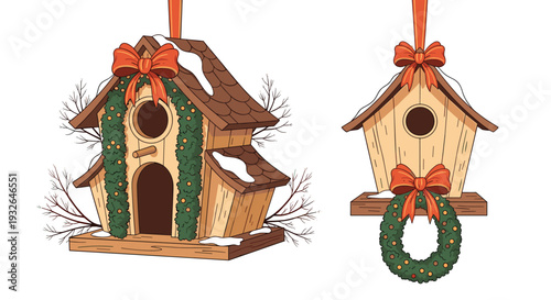 Pair of decorative wooden birdhouses adorned with green Christmas wreaths, red bows, and light snow patches.