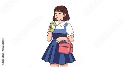 Character illustration of a young girl with brown hair wearing a blue dress and drinking from a takeaway cup.