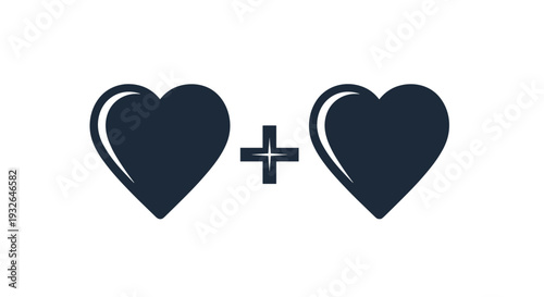Graphic symbol showing two black hearts connected by a plus sign representing love addition or partnership.