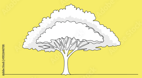 Illustration of a large spreading deciduous tree with white leaves against a bright and solid yellow background.