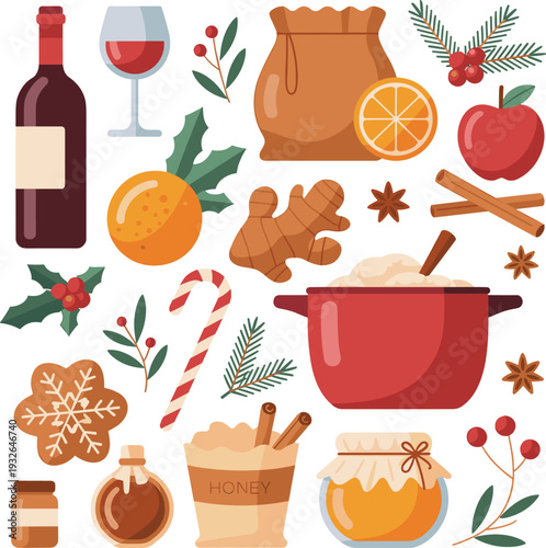 Cozy winter mulled wine ingredients vector illustration with spices citrus honey ginger cinnamon festive holiday beverage collection set