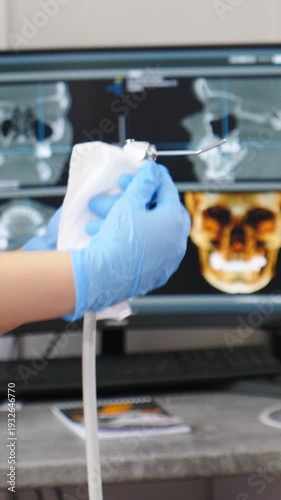 Medical nurse cleaning and disinfecting dental tool in front of screen with xray or CT image. Dental tools being cleaned by assistant in modern dental clinic. Dental office before patients.4 k