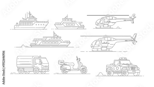 Variety of Transport Icons: A collection of various transport vehicles and modes of transportation in a minimalist style, ready to be incorporated into diverse design projects and presentations. 