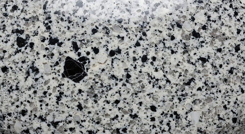 Close-up of a polished light grey granite surface with black and dark grey speckles throughout.