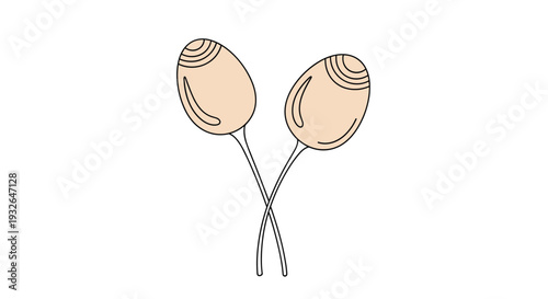 Simple illustration of two crossed maracas with light peach colored shakers and thin wooden handles on white.