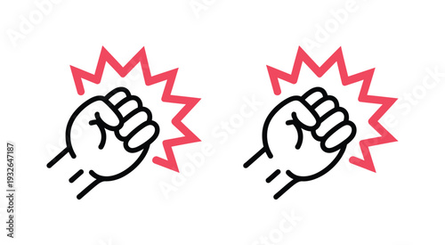 Fist punch vector icon, red impact burst illustration, striking hand action graphic, comic style explosion effect