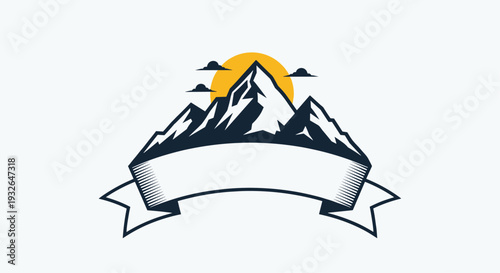 Outdoor adventure logo design featuring mountain peaks with a rising sun and a blank ribbon banner for text.