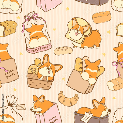 Corgi Sploot Butt Bread Loaf Seamless Pattern Kawaii Dog Bakery Doodle Whimsical Repeating Background